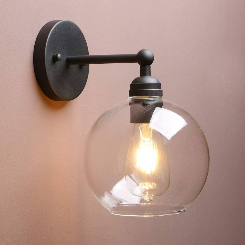 lot 45970 image: Yosoan Brass Boho Vanity Bathroom Wall Sconce, 1-Light Indoor Hardwired Wall Mounted Vintage Industrial Fixture Lights with Double Hole Round Glass Lamp for Mirror, Living Room, Hallway(Black) - Retail $66