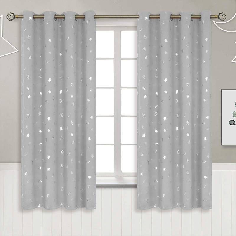 lot 49439 image: BGment Kids Curtains for Nursery, Star and Moon Blackout Curtains for Boys Girls Bedroom 63 Inch Length, Room Darkening Thermal Insulated Grommet Curtains, Light Grey, 2 Panels of 52 x 63 Inch - Retail $121