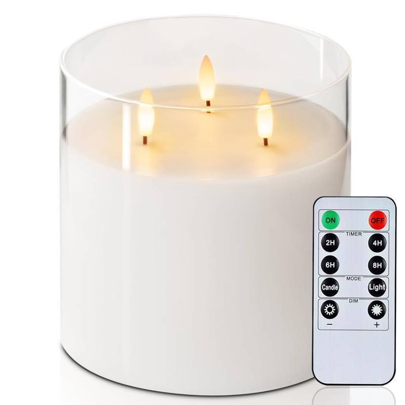 lot 50168 image: Homemory 6X6 Extra Large Flameless Candle with 3 Wicks, Glass LED Pillar Candle, Real Wax Battery Operated Candle with Remote Control and Timer, Pure White - Retail $27