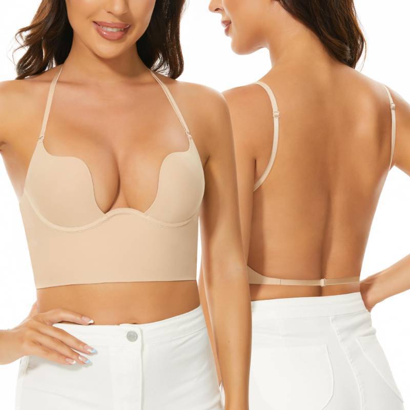 lot 58293 image: Low Back Bras for Women-Seamless Backless Bra Deep U Plunge Invisible Low Cut Bras Multiway Convertible Straps Halter Bra(Nude, 34B) - Retail $33