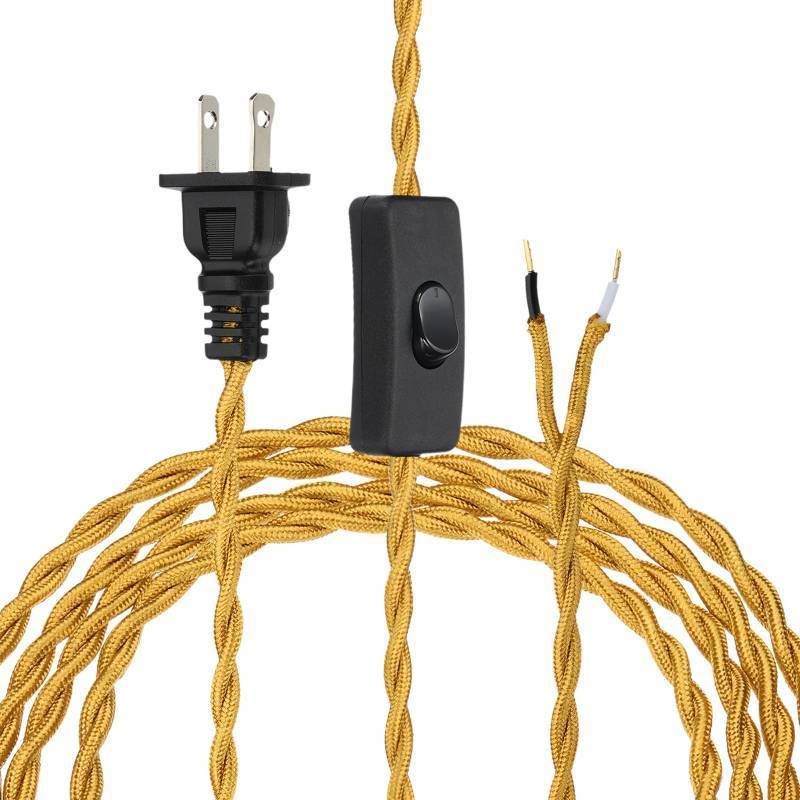 lot 58339 image: uxcell 8Ft 182 Twisted Cloth Covered Lamp Cord, Vintage Fabric Electrical Wire with Switch Button and Plug Stripped Ends Ready for Extension Wiring DIY Repairing, Golden - Retail $14