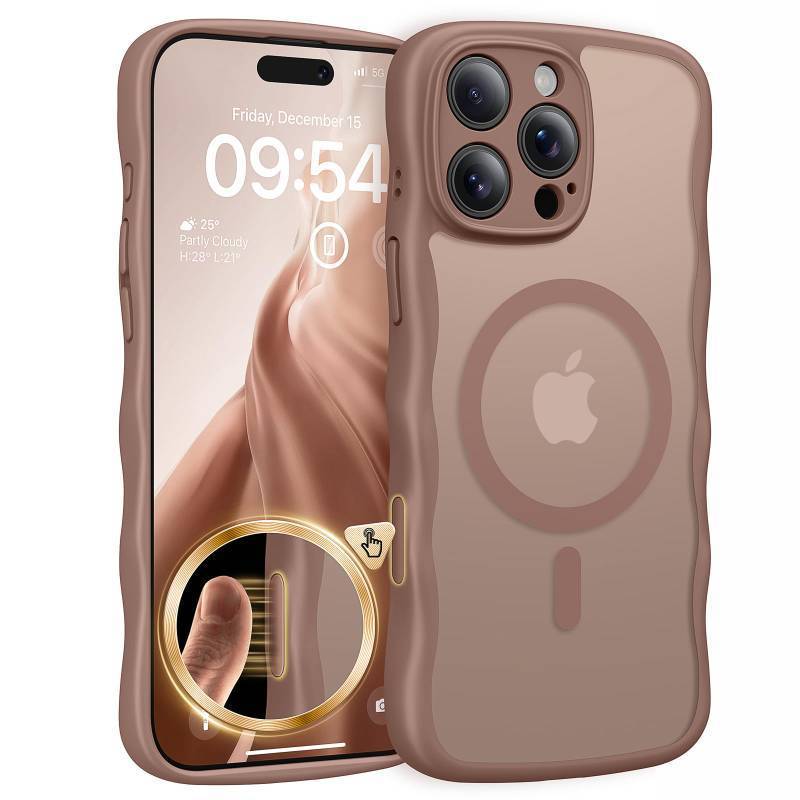lot 58340 image: TAURI Magnetic for iPhone 16 Pro Max Case, Cute Wavy Design Full Camera Protection Compatible with Magsafe Anti-Slip Translucent Matte Case for iPhone 16 Pro Max for Women Girls, Desert Brown - Retail $17