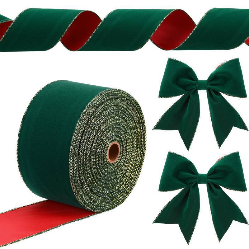 lot 58348 image: Yungyan Velvet Ribbons with Gold Edge Felt Ribbon Gift Bow Wrapping Ribbon Waterproof for Handmade, Home Decor, Gift Wrapping, Wreath DIY Crafts, Christmas Tree(Green Red,4 Inch X 35 Yards) - Retail $26