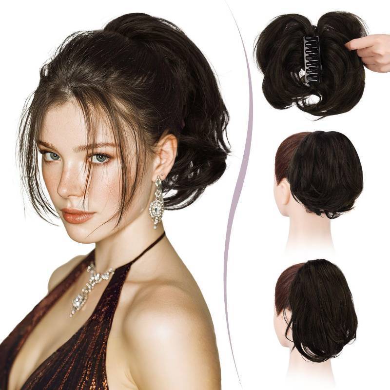 lot 58364 image: RUWISS Claw Clip Short Human Hair Ponytail Extension with Bendable Metals for DIY Styles, Straight Messy Bun Hair Piece for Women Thick Hairpieces for Daily Wear, 9 Inch Brown Black - Retail $37