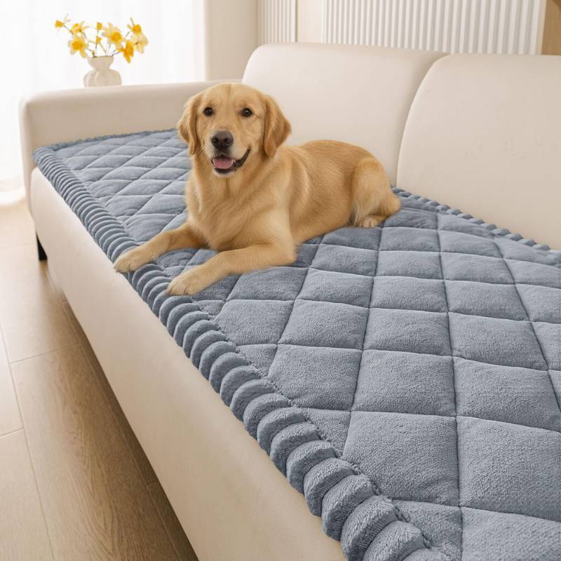 lot 58604 image: Smiry Fuzzy Couch Cover for Dogs, Non Slip Washable Pet Sofa Cover, Scratch Proof Hair Resistant Plush Sofa Slipcover, Pet Friendly Couch Cushion Protector for Cat, Grey, 27.6 x 88 - Retail $66