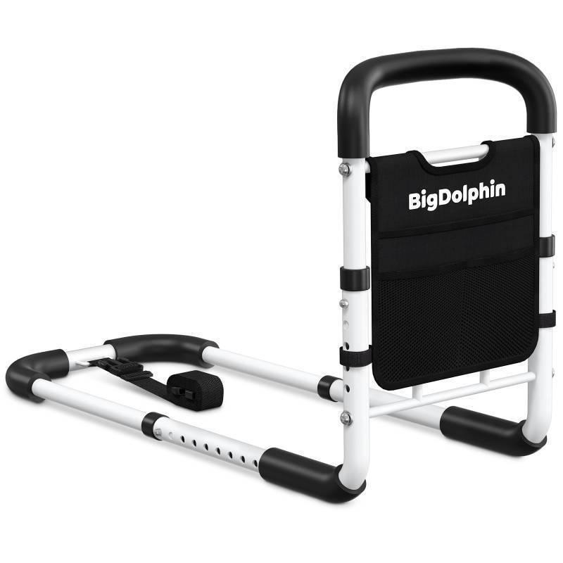 lot 58611 image: BigDolphin Bed Rails for Elderly Adults - ASTM Approved Adjustable Bed Cane with Non-Slip Ergonomic Handle & Storage Pocket, Bed Railings for Seniors Hold up to 350 LBS, Tool-Free - Retail $38