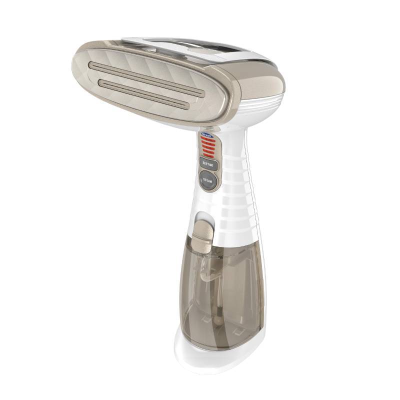 lot 58958 image: Conair Handheld Garment Steamer for Clothes, Turbo ExtremeSteam 1875W Fabric Steamer, Portable Handheld Design, Strong Penetrating Steam, WhiteChampagne PREVIOUSLY OWNED - Retail $70