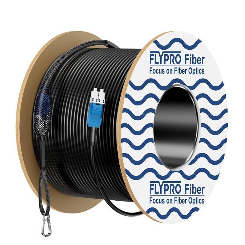 lot 63150 image: FLYPROFiber- OS2 Outdoor Armored Fiber Cable, Uniboot LC to LC Duplex Single Mode Fiber, Industrial TPU with Pulling Eye Kit Installed on one end, 1G10GB 9125 um, OD-5mm, 200M656ft - Retail $270
