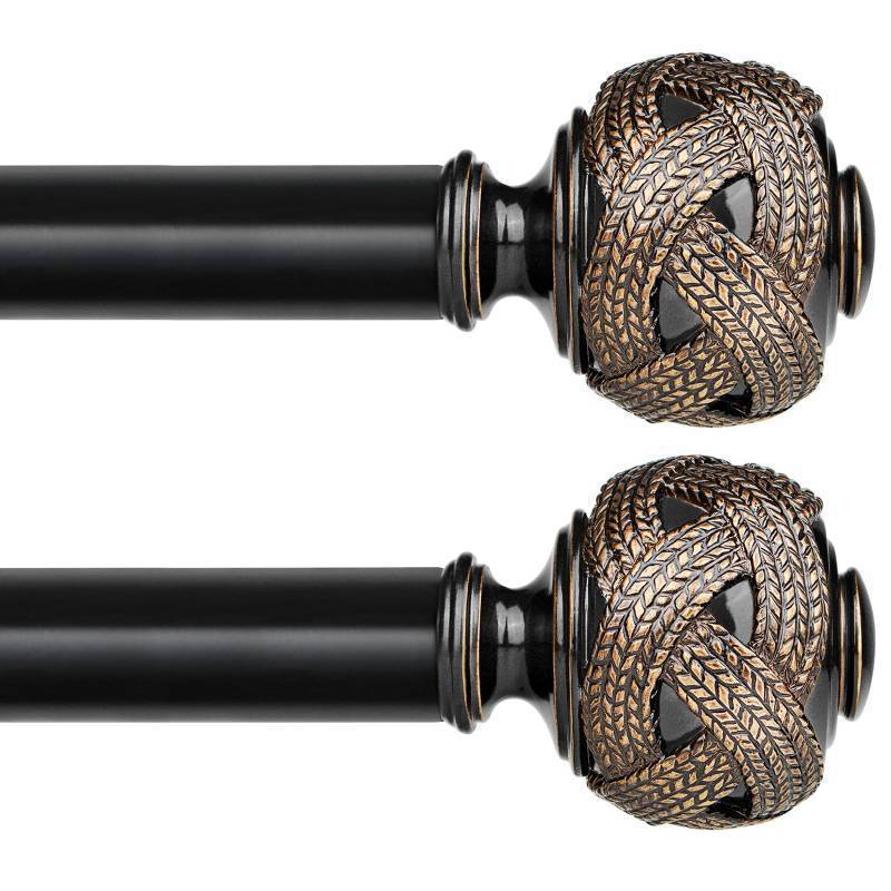lot 22708 image: 2 Pack Curtain Rod 32 to 58 Inches (2.6 to 4.8 ft), USFOOK 78 Inch Telescoping Splicing Curtain Rods for Windows 20 to 53 Inch, Black Drapery Rod with Leaf Finials - Retail $33