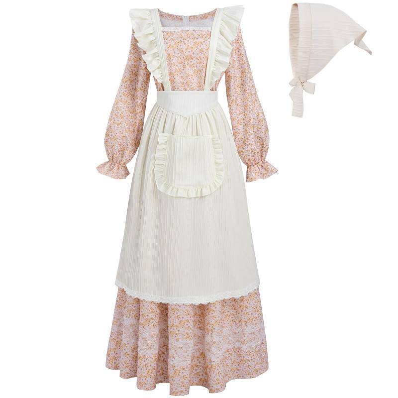 lot 31967 image: FCCAM Prairie Dress Women Floral Colonial Costume Women with Pioneer Apron 1800s American Historical Dress L Orange - Retail $43
