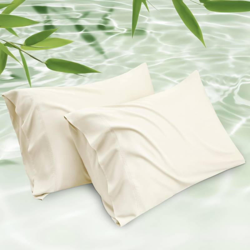 lot 31969 image: Bedsure King Size Pillow Cases Set of 2, Cooling Pillow Cases King, Rayon Derived from Bamboo Cream Pillowcases, PureWoven Silky Soft Cool Bedding Pillow Covers with Envelope Closure, 20x36 Inches - Retail $24