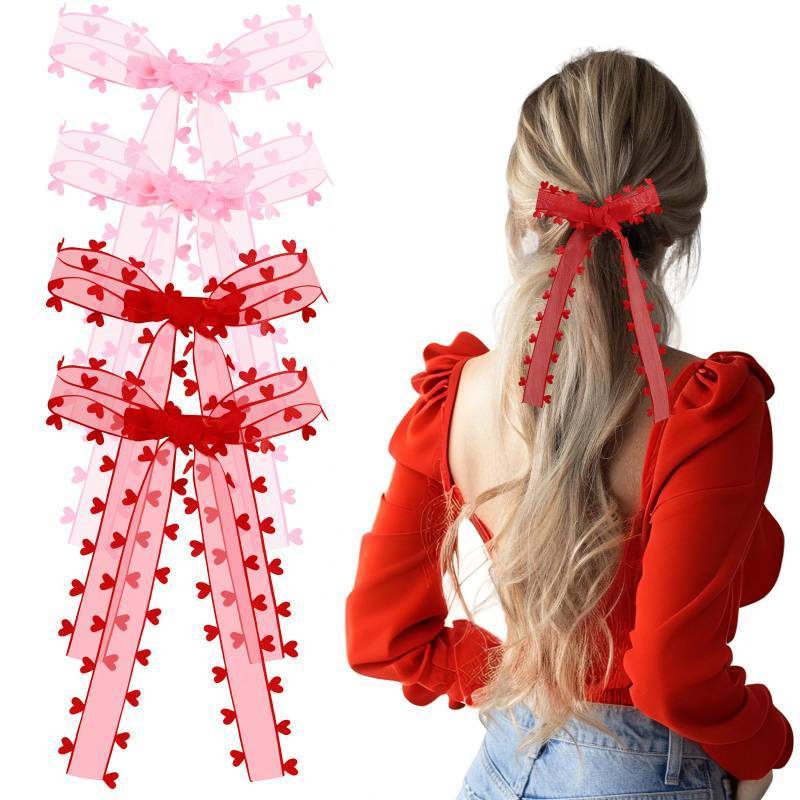 lot 31975 image: VOBOBE 4PCS Valentine Hair Bows for Girls, Pink Love Heart Pattern Alligator Clips Bows for Girls Women
