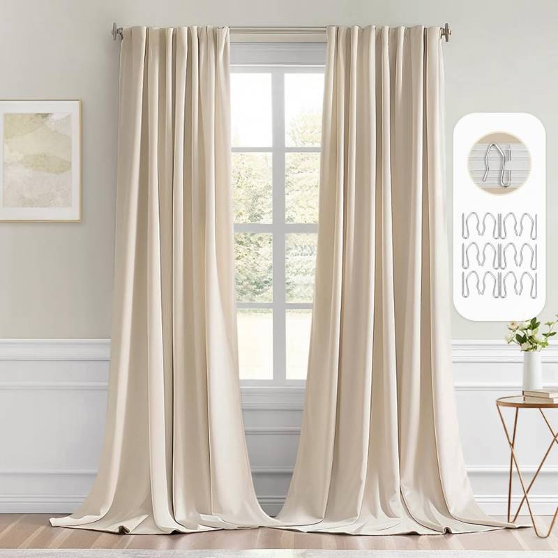 lot 43485 image: MIULEE Back Tab Cream Beige Curtains 120 Inch Long 2 Panels Set for Living Room Bedroom, Ivory Rod PocketPinch Pleated Light Blocking Extra Long Thermal Insulated Room Darkening Blackout Drapes - Retail $41