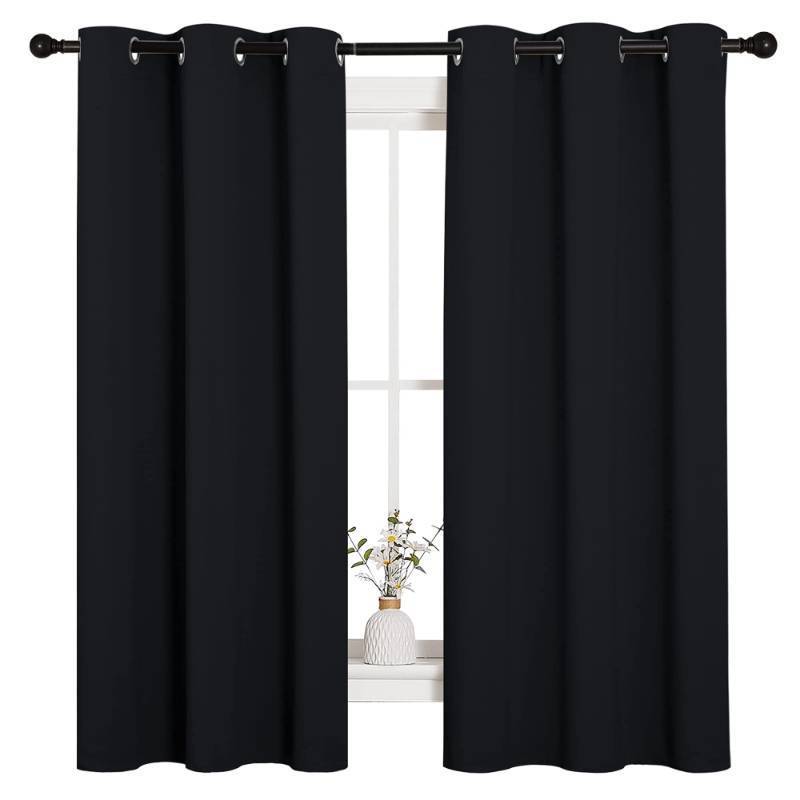 lot 43498 image: NICETOWN Pitch Black Solid Thermal Insulated Grommet Blackout CurtainsDrapes for Bedroom Window (2 Panels, 42 inches Wide by 63 inches Long, Black) - Retail $31
