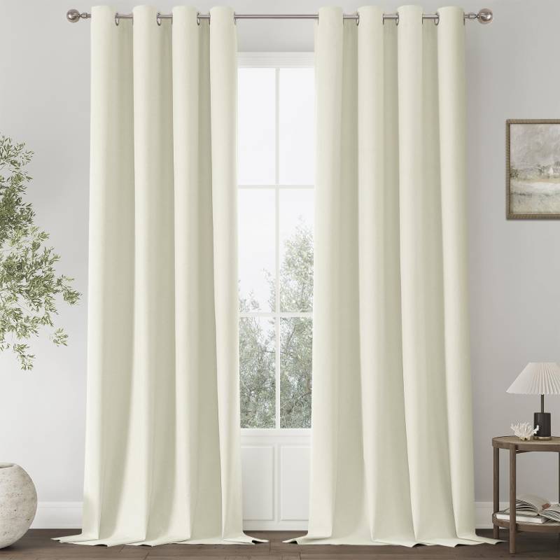 lot 43500 image: ChrisDowa 100% Blackout Ivory Solid Curtains 102 Inches Long 2 Panels for Bedroom Living Room,Farmhouse Room Darkening Thermal Insulated Soundproof Grommet Top Window Treatment Drapes,52x102 - Retail $47