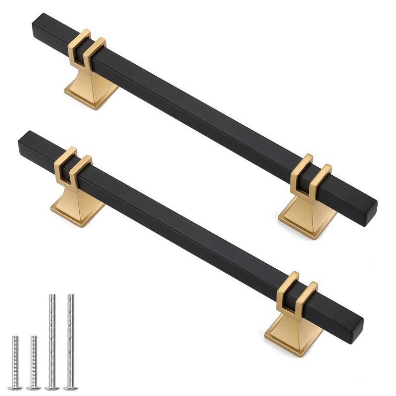 lot 43520 image: Lepatape 5 Pack 5 Inch Black and Gold Cabinet Pulls Black and Gold Cabinet Handles Kitchen Cabinet Handles Dresser Drawer Pulls Kitchen Cabinet Hardware - Retail $21