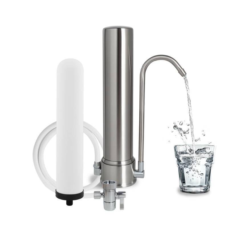 lot 50020 image: Amwater Countertop Water Filtration System, 5-Stage Stainless Steel Countertop Filter, 8000 Gallons Water Filter-Reduction of Lead, Chlorine, Heavy Metal Bad Odors (1 Filter Included) - Retail $50