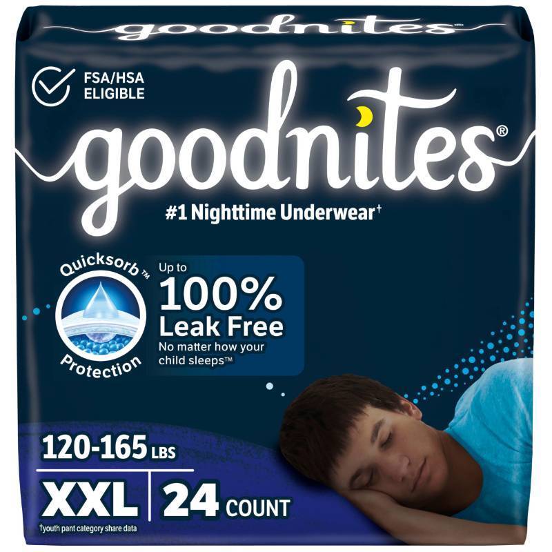 lot 51080 image: Goodnites Boys Nighttime Underwear, Size XXL (120-165 lbs), 24 Ct (2 Packs of 12), Packaging May Vary - Retail $30