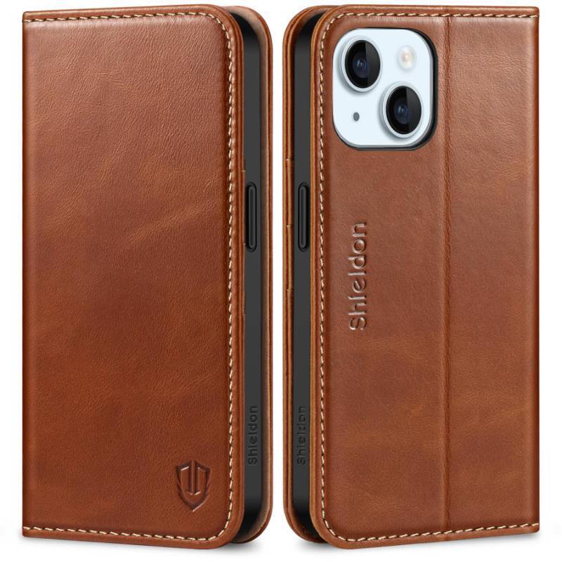 lot 58379 image: SHIELDON Case for iPhone 15 2023, Genuine Leather Wallet Book Case Magnetic RFID Blocking Credit Card Holder Kickstand Shock Absorbing Cover Compatible with iPhone 15 6.1 - Retro Brown - Retail $31