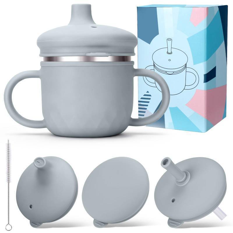 lot 58385 image: BUSOHA Stainless Steel Toddler Sippy Cup 8oz Spill-Proof Straw Cup for 6 Month Babies & Toddlers, 3-in-1 Reusable Travel Cup with Brush Dishwasher Safe, Kids Drinking Cup,Grey - Retail $62