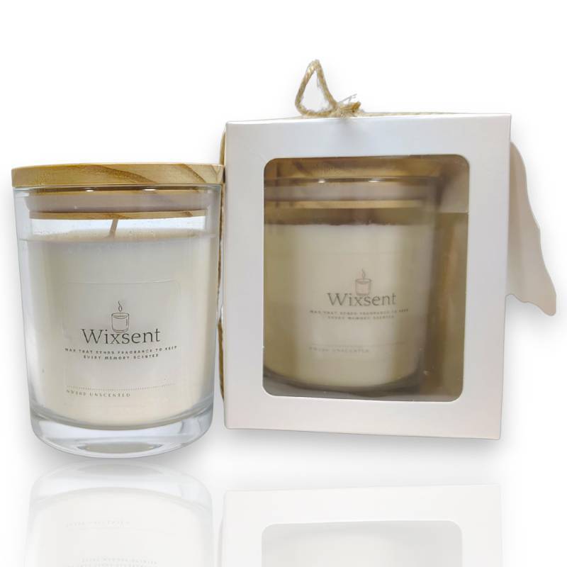 lot 58391 image: Wixsent Unscented Soy Wax Candle 7oz Fragrance Free Clean Burn Candle in Clear Glass Jar with Bamboo Lid, Cotton Wick, Minimalist Gift Candle for Home with Gift Box - Retail $16