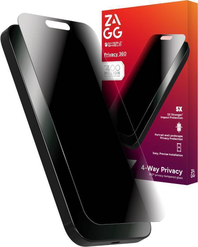 lot 59795 image: ZAGG Glass Elite Privacy 360 Screen Protector for iPhone 16 Pro Max 4-Way Privacy, Ultra-Strong Tempered Glass, 5X Stronger, Smudge-Resistant, Easy Install, Recycled Content - Retail $65