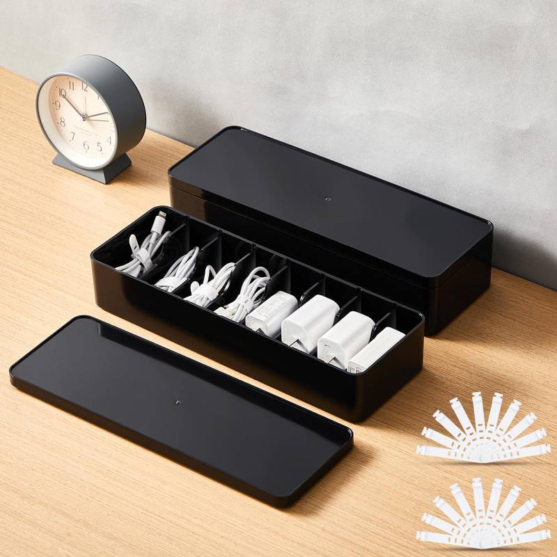 lot 43557 image: Tatuo 2 Pcs Cable Organizer Box with Wire Ties, Plastic Cord Storage Box with Lid, Electronics Organizer for Home Office Desk Organizers and Accessories (Black) - Retail $19