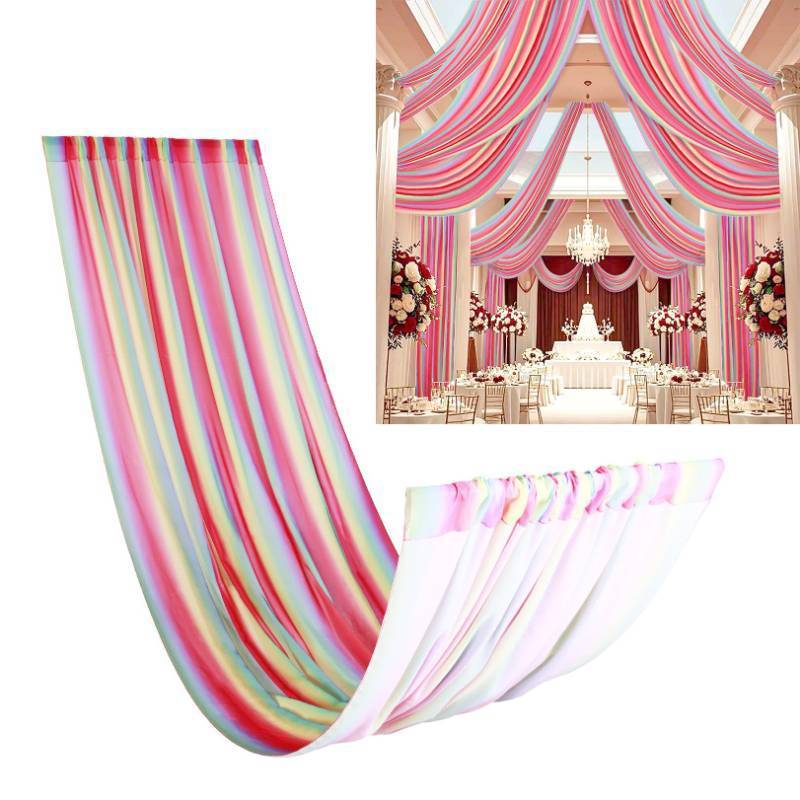 lot 43562 image: DUOBAO Rainbow Chiffon Wedding Ceiling 10FT Length Photo Background Curtain Decorations with Rod Pocket for Banquet Room Weddings Ceremony Graduation Prom, W 5 x L 10-6 Panels Bright Rainbow - Retail $61