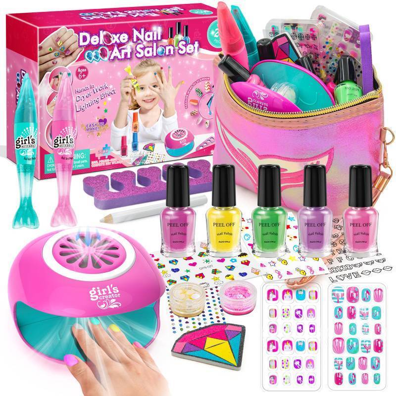 lot 43585 image: Amagoing Kids Nail Polish Set for Girls, Girls Nail Kit Ages 7-12 with Nail Dryer, Quick-Dry Nail Polish, Nail Art Pens, Cartoon Press on Nail, Makeup Bag, Spa Manicures Birthday Christmas Gift Toy - Retail $24