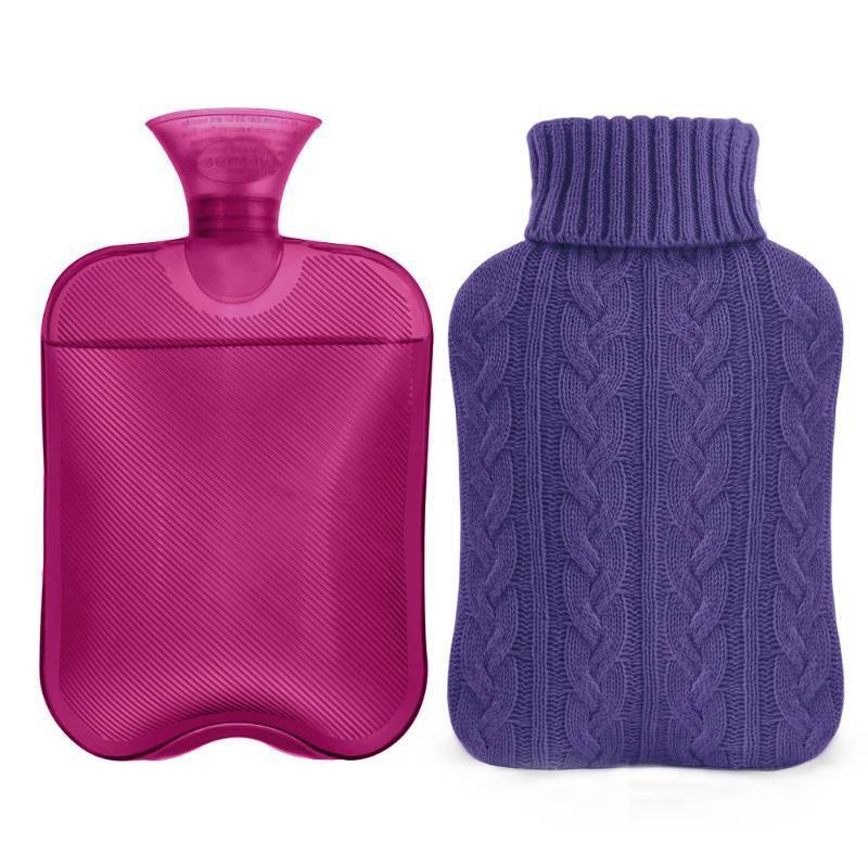 lot 43591 image: Samply Hot Water Bottle with Knitted Cover, 2L Hot Water Bag for Hot and Cold Compress, Hand Feet Warmer, Ideal for Menstrual Cramps, Neck and Shoulder Pain Relief, Purple - Retail $10