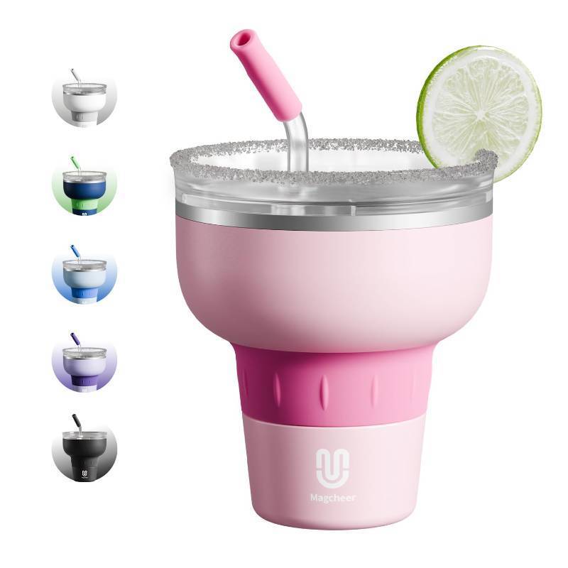 lot 43611 image: Magcheer 16 oz Cocktail Tumbler with Lid and Straw - Stainless Steel Insulated Margarita Tumbler - 320° Sippable Stemless Wine Cup for Party  Pink - Retail $25