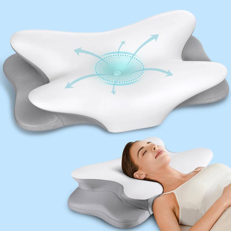 lot 45624 image: Cervical Neck Pillow for Pain Relief - Ergonomic Side Sleeper Pillow for Neck Support, Contour Pillow for Bed Sleeping, Cooling Memory Foam Pillows Orthopedic Pillow for Back Stomach Sleepers - Retail $40