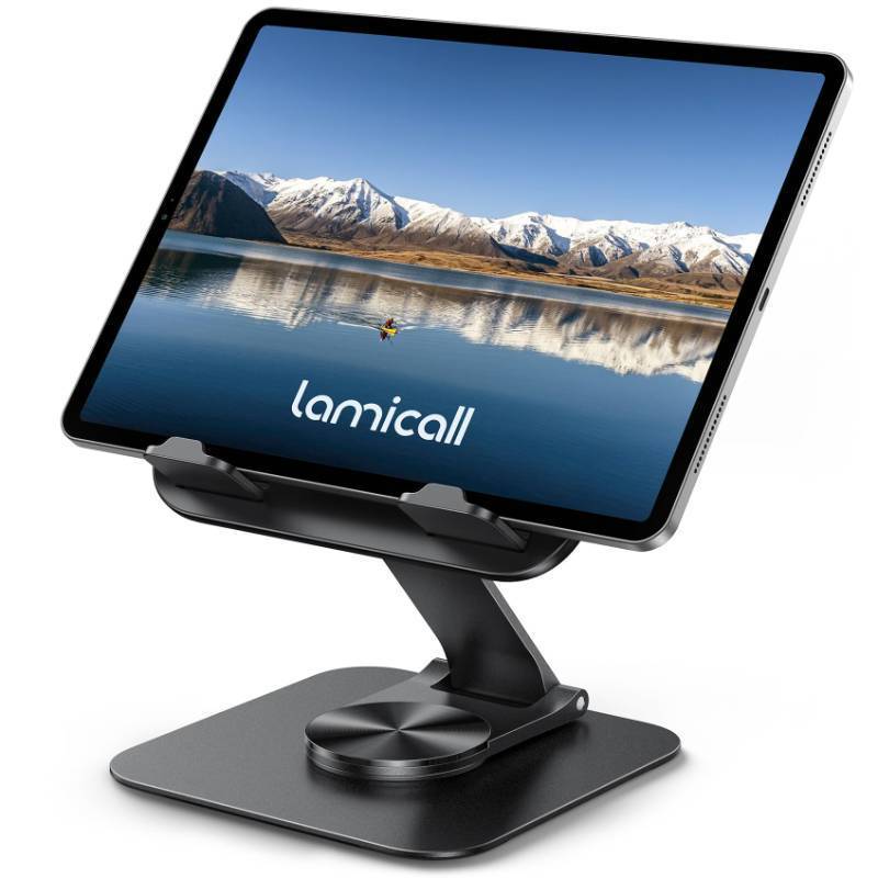 lot 58448 image: Lamicall Adjustable iPad Stand for Desk - Ultra-Slim Foldable360°Rotation Tablet Stand with Heavy-Duty Base, Tablet Holder Gifts for 4.7-13 Devices, 2025 iPad Pro Air Mini, Kindle, iPhone 17 Pro - Retail $16