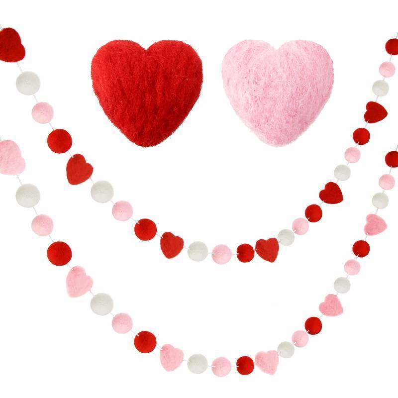 lot 58460 image: Boao 2 Pieces Heart Felt Garlands Decorations Red Pink Ball Garland Hanging Pom Pom Banners for Wedding Mothers Day Party Home Tree Decor(Natural Colors Set) - Retail $13