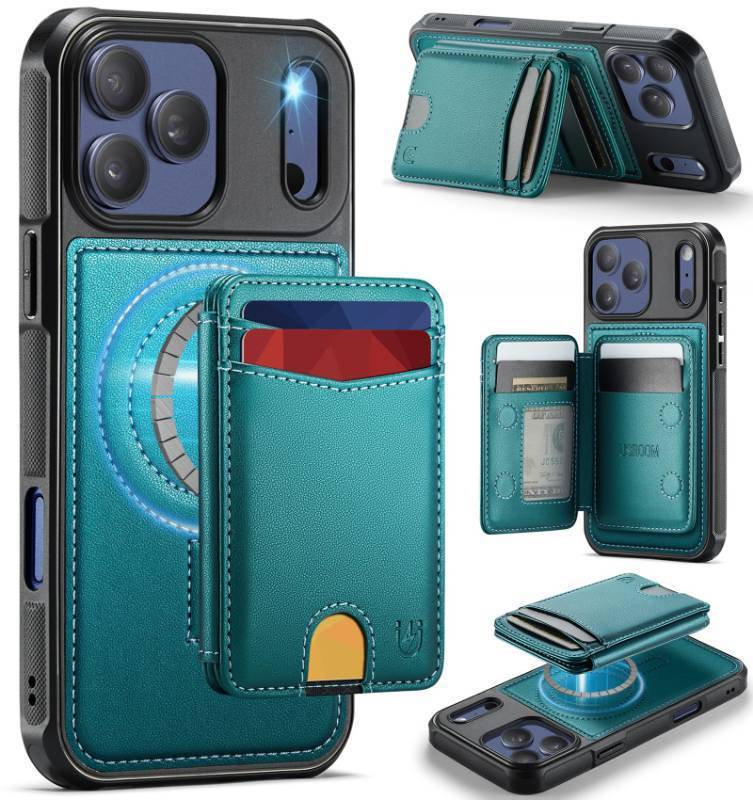 lot 58463 image: Usroom for iPhone 17 Pro Max Wallet Case Compatible with Magsafe, Magnetic RFID Blocking Card Holder Kickstand 2 in 1 Detachable Case for iPhone 17 Pro Max 6.9, Bluish Green - Retail $27