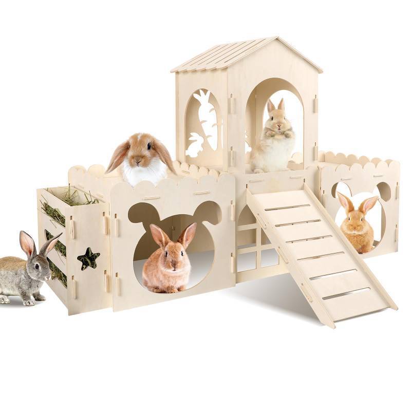 lot 62573 image: Extra Large Rabbit Castle, Wooden Bunny House & Hay Feeder, Detachable Rabbit Hideaway, Indoor Rabbit Castle with Ramp, Small Animal Houses & Habitats - Retail $50