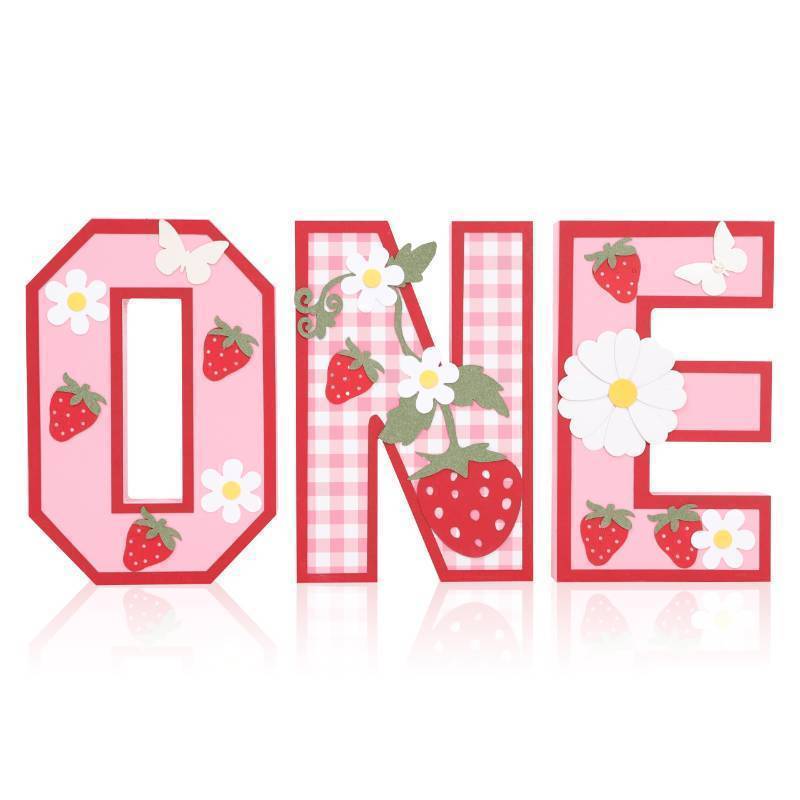 lot 41444 image: Wood one 1st Strawberry Birthday Sign,Froral Daisy Birthday Decorations Photo Props,Berry Themed Standing Daisy Decor - Retail $40
