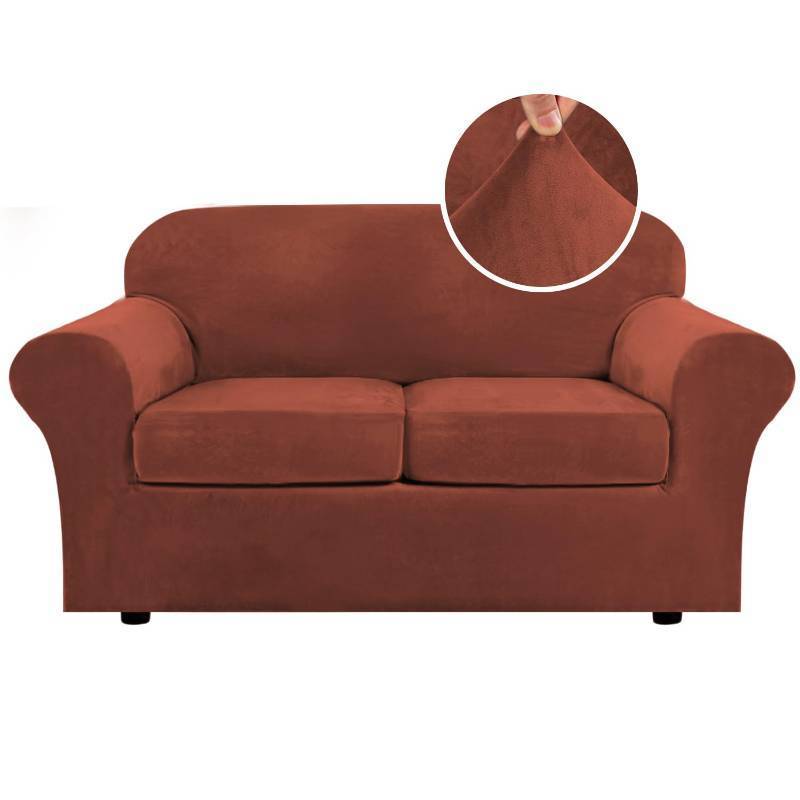 lot 43644 image: H.VERSAILTEX Real Velvet Plush 3 Piece Stretch Sofa Covers Couch Covers for 2 Cushion Couch Loveseat Covers (Base Cover Plus 2 Individual Cushion Covers) Thick Stay in Place (Medium Sofa, Rust) - Retail $47