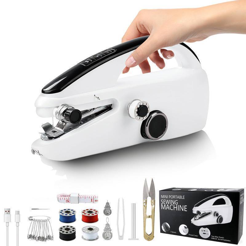 lot 44767 image: Handheld Sewing Machine, Mini Hand Held Sewing Machine for Beginners, Hand Sewing Machine for Clothes Fabrics Repair Home DIY, Portable Hand Hemming Stitching Machine no Thread pre owned - Retail $28