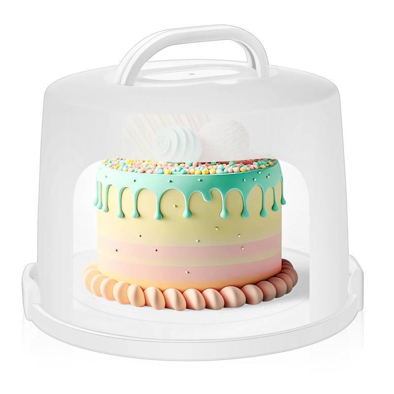 lot 50714 image: Baderke 10 Inch Round Cake Carrier with Lid and Handle - Two Sided Cake Holder & Box for Transport, Pie, Cupcake(White) - Retail $36