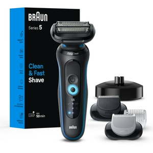 lot 16952 image: Braun Electric Shaver for Men  Series 5 5150cs  Wet & Dry Shave  Turbo Shaving Mode  Foil Shaver  with Beard Trimmer  Body Groomer and Charging Stand  Blue - Retail $165
