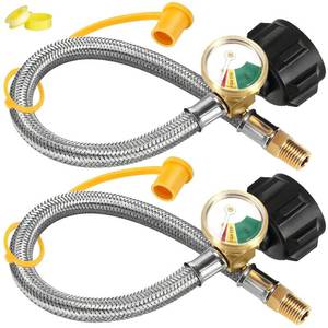 lot 29369 image: 18 Inch RV Propane Hose with Gauge, 2 Pack-Stainless Steel Braided LP Tank Hose for Standard Two-Stage Regulator, 14 Male NPT to QCC1 Fittings, 350PSI - CSA Certified for Camper, Grill & Outdoor Use - Retail $25