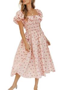 lot 29372 image: R.Vivimos Womens Summer Floral Print Puff Sleeves Vintage Ruffles Midi Dress (Medium, Pink) - Retail $39