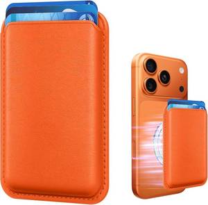 lot 29381 image: KRTALS Stronger Magnetic RFID Leather Mag-Safe Card Holder for iPhone 15 Series, Mag-Safe Accessories Stick on Series of iPhone 171615141312 and ProPromax, Orange - Retail $14