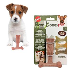 lot 32265 image: SPOT Bam-Bones Plus T Bone Bamboo Fiber & Nylon Dog Chew Toy for Moderate to Aggressive Chewers, Durable & Non-Splintering, Long Lasting Beef Flavor Toy for Dogs & Puppies Under 30 lbs, 4 in used  - Retail $4