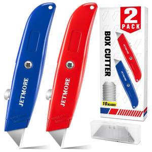 lot 32267 image: JETMORE 2 Pack Box Cutter Retractable, Utility Knife with 10 Extra Blades, Heavy Duty Box Cutters, All Metal Razor Knife Box Opener, Box Knife for Cardboard, Boxes, Cartons, Drywall, Package Opener - Retail $7