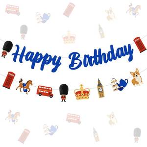 lot 41868 image: Cheerupp British UK Theme Happy Birthday Party Decorations, London Theme Hanging Banner, England Phone Booth Garland Party Sign for Birthday Party Decor Supplies - Retail $10