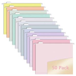 lot 41872 image: 50pcs MagDurnus Hanging File Folders, Pastel Color Design,Letter Size with 15 Adjustable Cut Tabs, Assorted 12 Styles,Decorative,Drawer,Desk and Cabinet Use - Retail $27