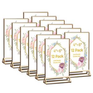 lot 41873 image: 12 Pack Acrylic Sign Holder 4x6 Gold Frames, Wedding Table Number Holders Double Sided Vertical Clear Display Stand, Picture Holders for Tables, Menus, Flyers, Party and Office Decor - Retail $29