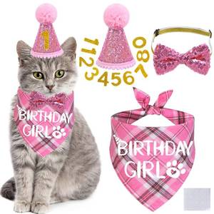 lot 41879 image: STMK Cat Birthday Party Supplies, Cat Birthday Hat with Number Cat Birthday Bandana Girl Bow Tie Collar for Cats Kittens Birthday Decorations - Retail $12